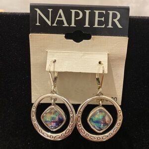 Napier dangle earrings, silver tone, faux abalone, NWT